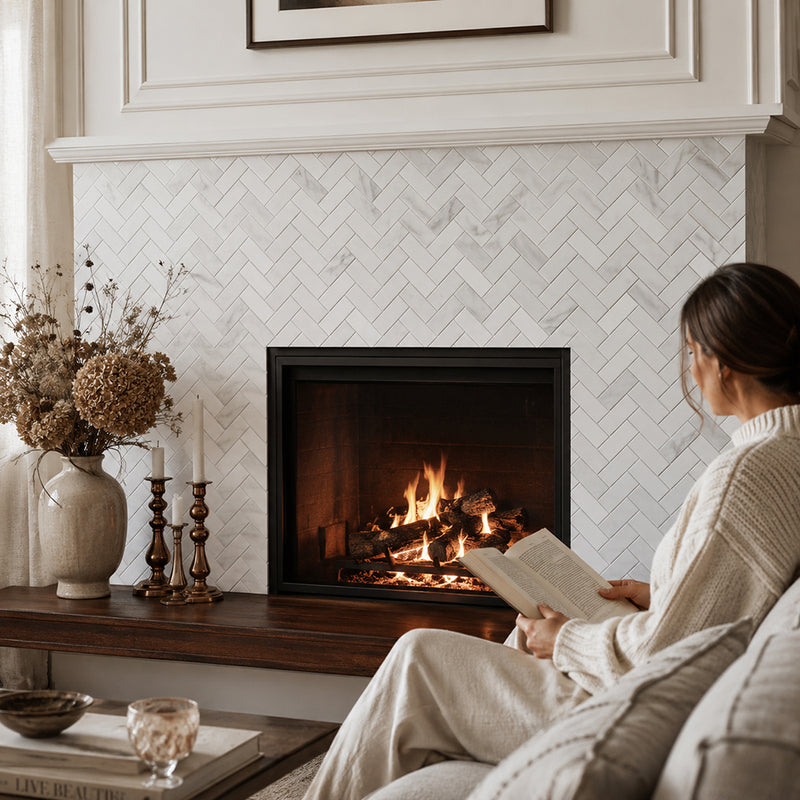 Oriental White Herringbone 12-1/2-in x 11-in Polished Marble Mosaic Wall Tile( 4.75 sq. ft. /Box )