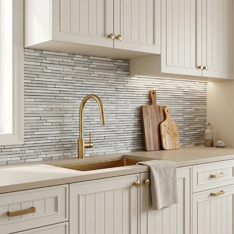 White Staccato Marble & Glass Random Strips 12-in x 13-in Glass Mosaic Wall Tile( 10.8 sq. ft. /Box )