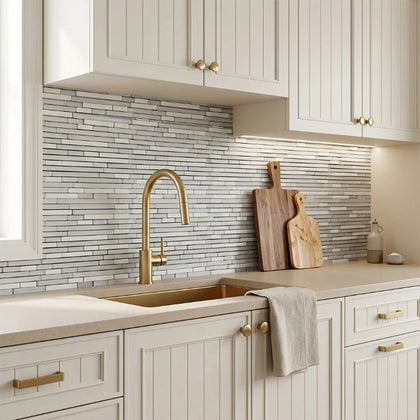 White Staccato Marble & Glass Random Strips 12-in x 13-in Glass Mosaic Wall Tile( 10.8 sq. ft. /Box )