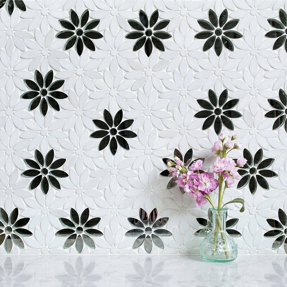 Interlocking Floral with Thassos & Antique Mirror 9-in x 11-in Waterjet Mosaic Floor and Wall Tile( 7 sq. ft. /Box )