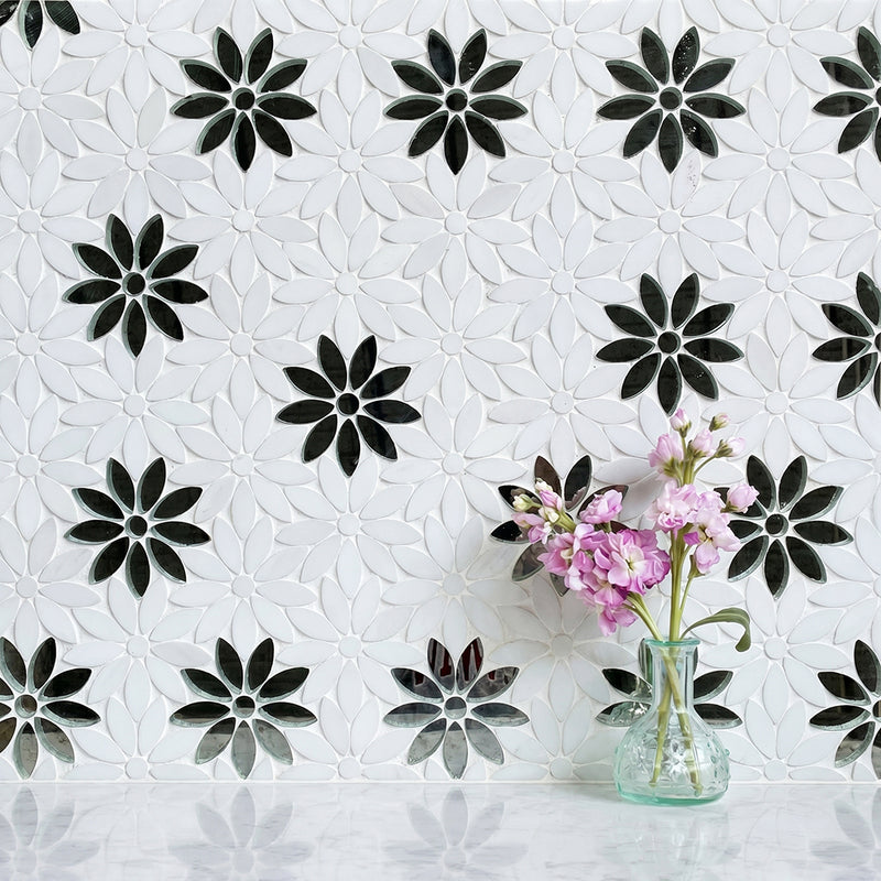 Interlocking Floral with Thassos & Antique Mirror 9-in x 11-in Waterjet Mosaic Floor and Wall Tile( 7 sq. ft. /Box )