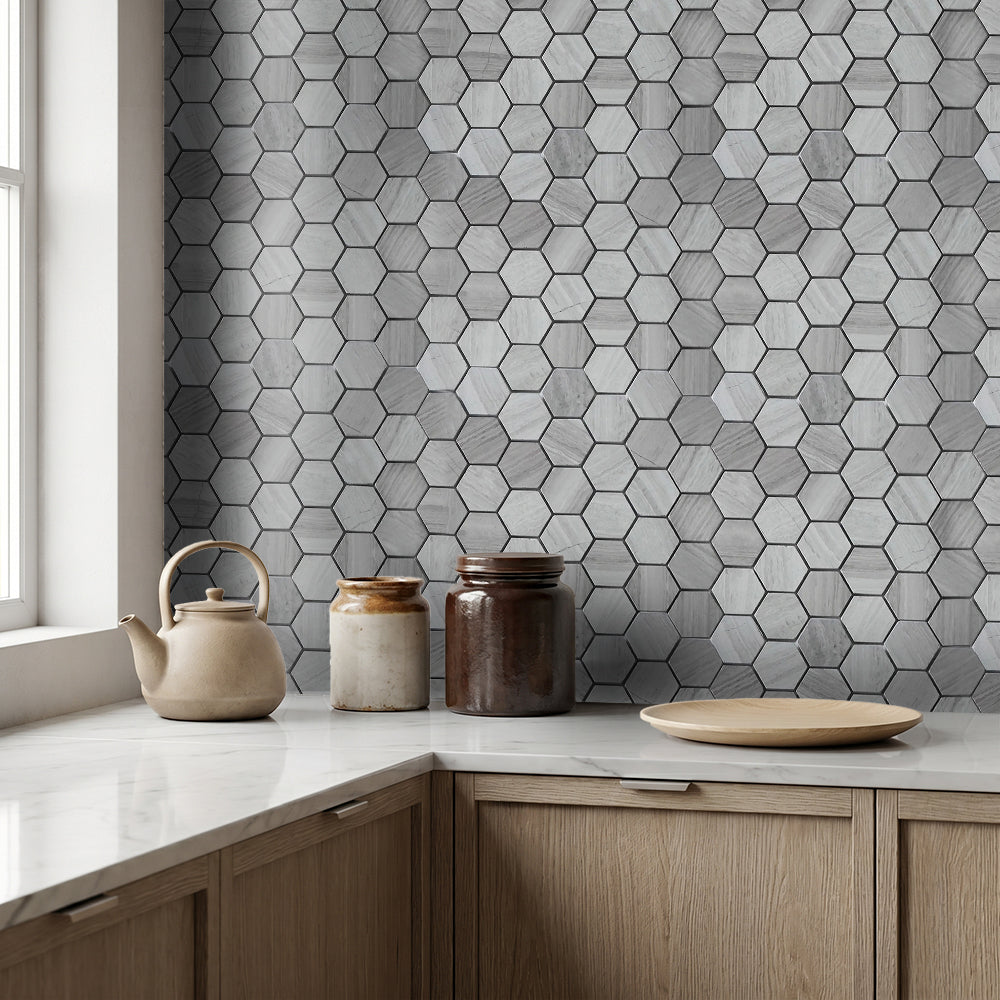 2-in Wooden White Hexagon 12-in x 12-in Honed Marble Mosaic Wall Tile( 5 sq. ft. /Box )