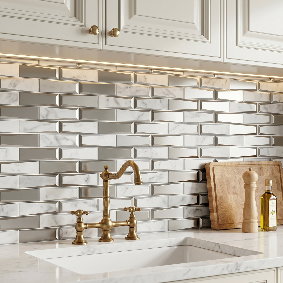 Carrara Marble & 3D Glass Mix 12-in x 12-in Glass Mosaic Wall Tile( 10 sq. ft. /Box )