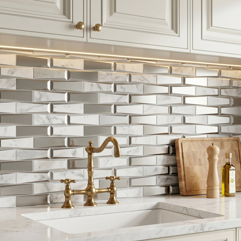 Carrara Marble & 3D Glass Mix 12-in x 12-in Glass Mosaic Wall Tile( 10 sq. ft. /Box )
