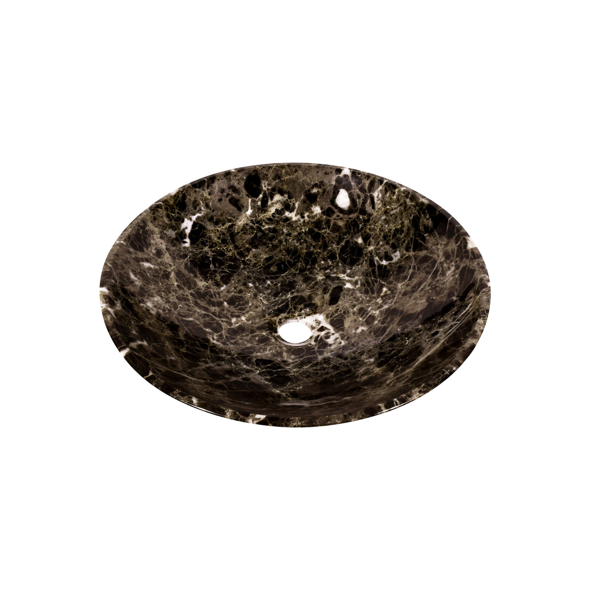 17 inch dark emperador marble vessel sink, handcrafted round marble basin for luxurious bathrooms.