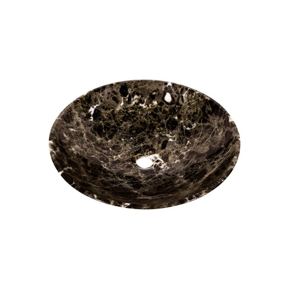 17 inch dark emperador marble vessel sink, handcrafted round marble basin for luxurious bathrooms.