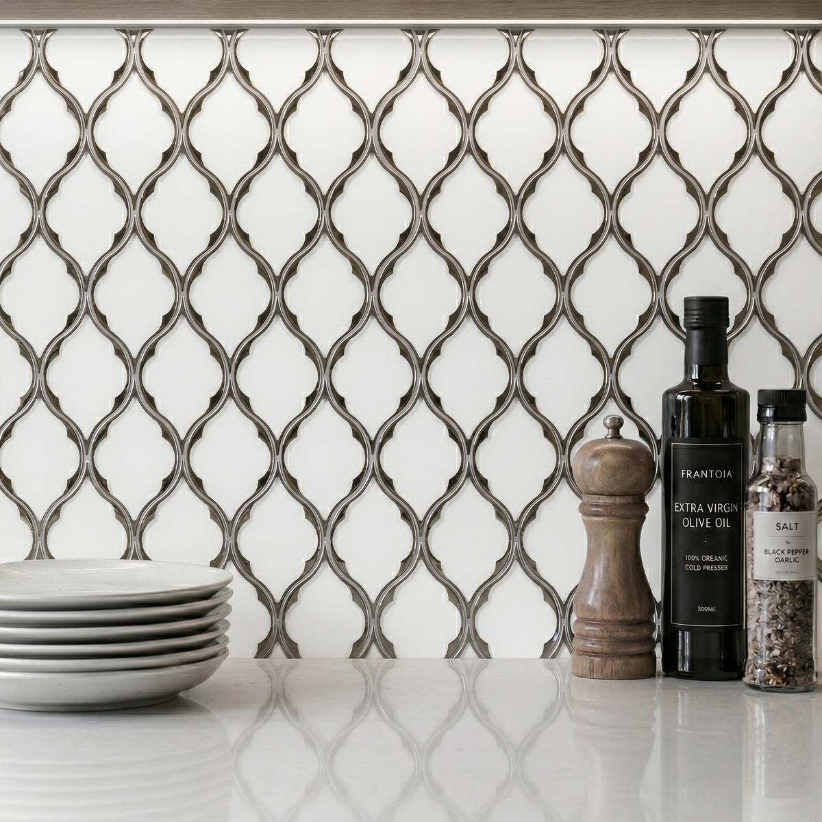Feathered Lantern Pattern with Silver Trim 12-in x 10-in Glass Mosaic Wall Tile( 8.3 sq. ft. /Box )