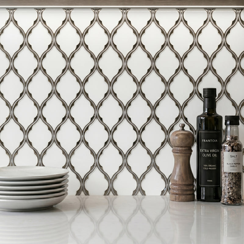 Feathered Lantern Pattern with Silver Trim 12-in x 10-in Glass Mosaic Wall Tile( 8.3 sq. ft. /Box )