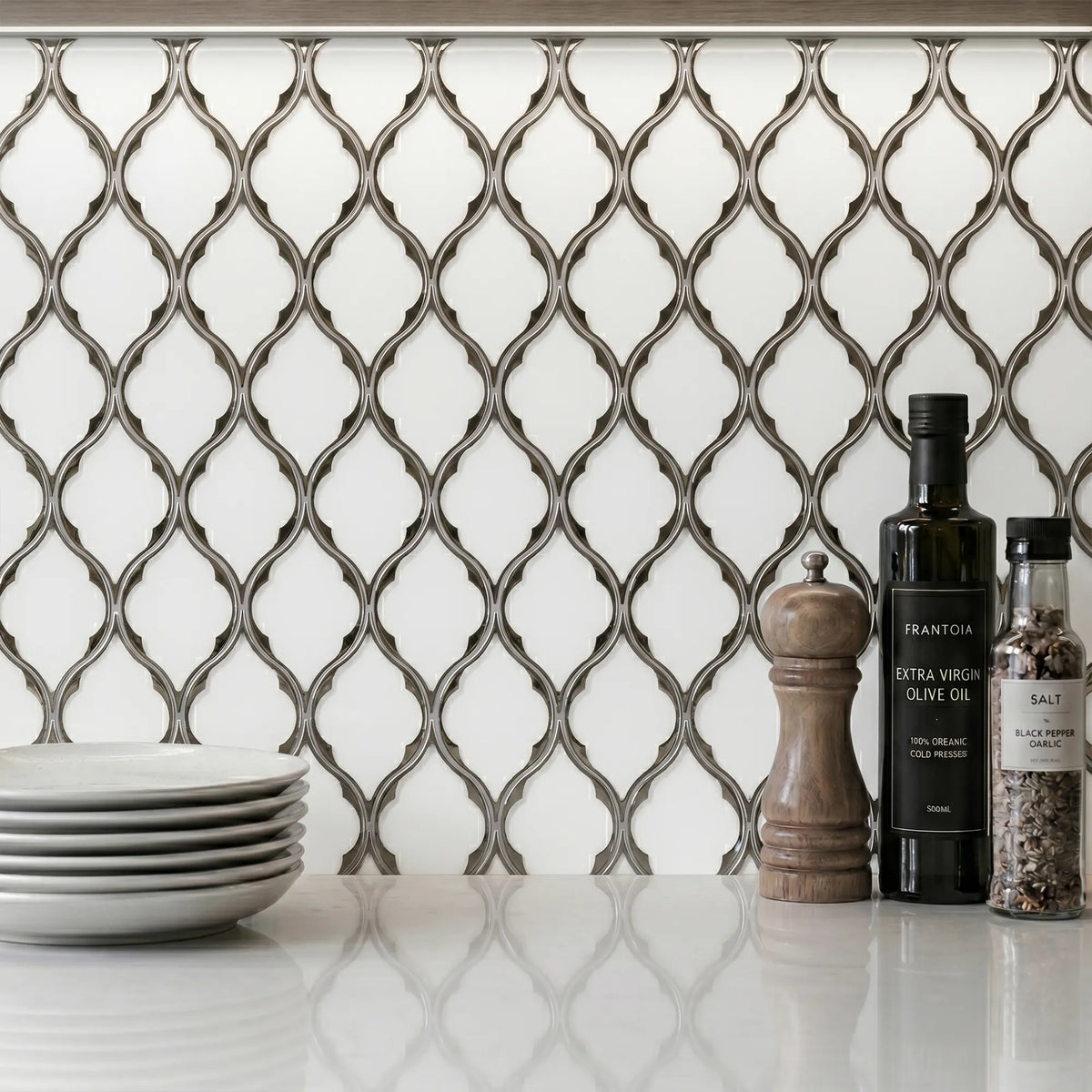 Feathered Lantern Pattern with Silver Trim 12-in x 10-in Glass Mosaic Wall Tile( 8.3 sq. ft. /Box )