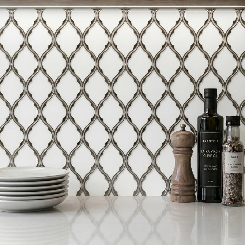 Feathered Lantern Pattern with Silver Trim 12-in x 10-in Glass Mosaic Wall Tile( 8.3 sq. ft. /Box )