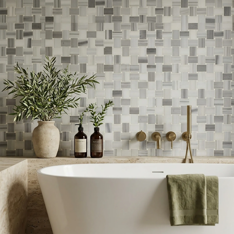 Zebra Basketweave 11-in x 11-in Polished Marble Mosaic Floor and Wall Tile( 4.15 sq. ft. /Box )