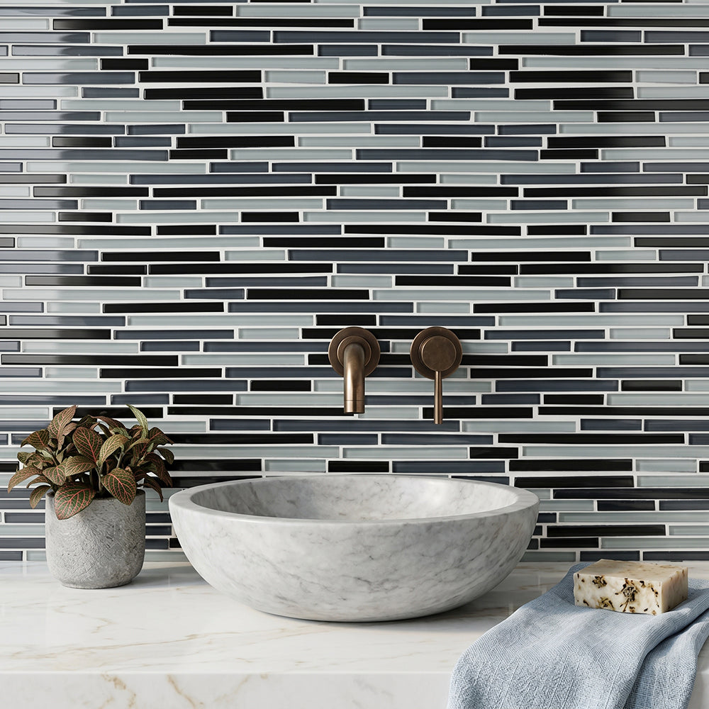 Gray Shadow Random Thin Strip 12-in x 12-in Glass Mosaic Wall Tile( 10 sq. ft. /Box )