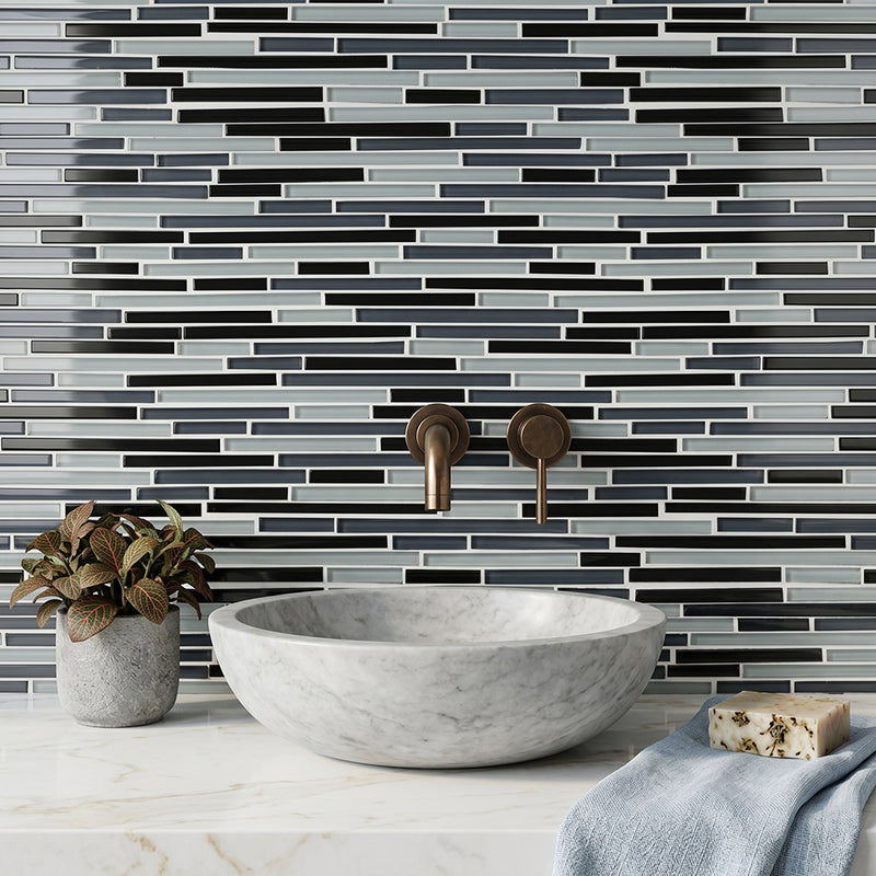 Gray Shadow Random Thin Strip 12-in x 12-in Glass Mosaic Wall Tile( 10 sq. ft. /Box )