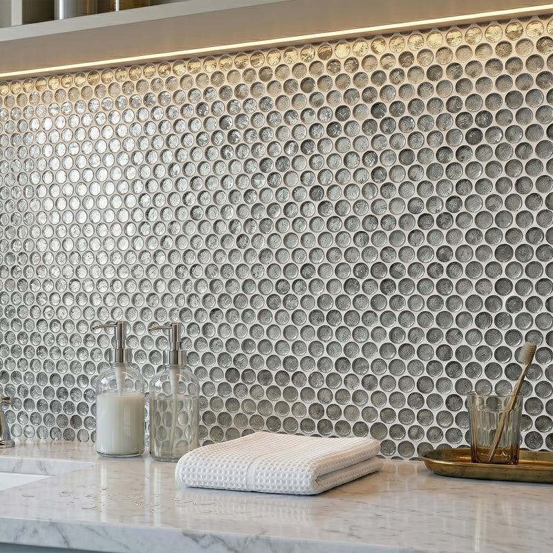 Blue & Gray Textured Penny Round 12-in x 12-in Glass Mosaic Wall Tile( 10 sq. ft. /Box )