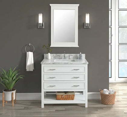 Premium Manhattan 36 inch bathroom vanity with marble top in modern bathroom setting.
