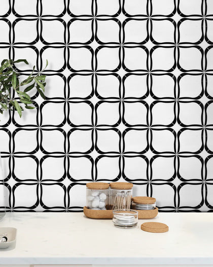 Tulip Pattern Thassos & Black Marble 12-in x 12-in Waterjet Mosaic Floor and Wall Tile( 5 sq. ft. /Box )