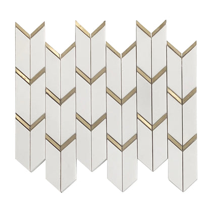 Single 14x12 inch Dolomite White Marble Waterjet Mosaic Tile with Arrow Gold Brass Accent – polished white marble with elegant gold brass arrow detail.