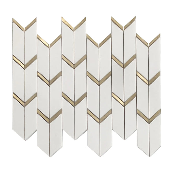 Dolomite White Marble with Arrow Gold Brass Accent 14-in x 12-in Waterjet Mosaic Floor and Wall Tile(1.17-sq. ft/ Piece)
