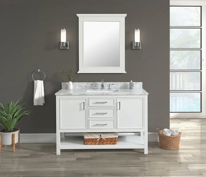 Premium Manhattan 48 inch bathroom vanity with marble top product features, highlighting a solid wood frame, authentic Carrara white marble, and elegant cabinet decor.