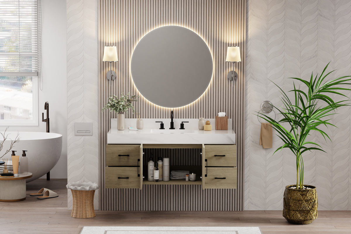 Utopia 48" bathroom vanity in a modern bathroom setting with a dark oak bathroom vanity with sintered stone top.
