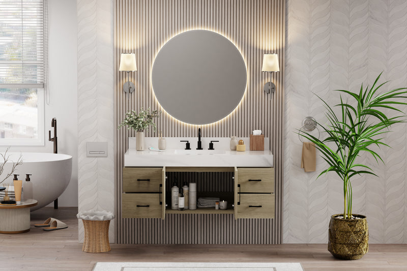 Utopia 48" bathroom vanity in a modern bathroom setting with a dark oak bathroom vanity with sintered stone top.