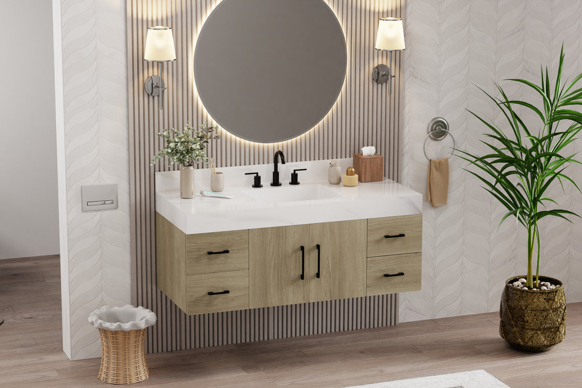 Dark oak bathroom vanity with sintered stone top in modern bathroom design featuring elegant fixtures and mirror.