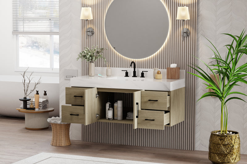dark oak bathroom vanity with sintered stone top in modern bathroom setting with round mirror and plants