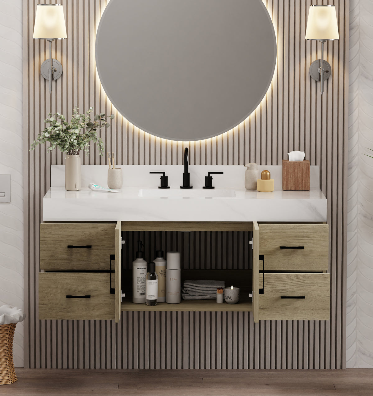 Dark oak bathroom vanity with sintered stone top and modern design featuring round mirror and stylish lighting.