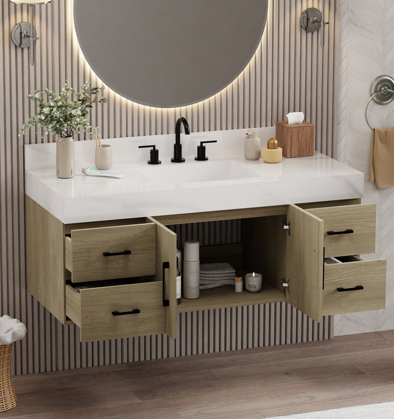 dark oak bathroom vanity with sintered stone top featuring modern design and ample storage.
