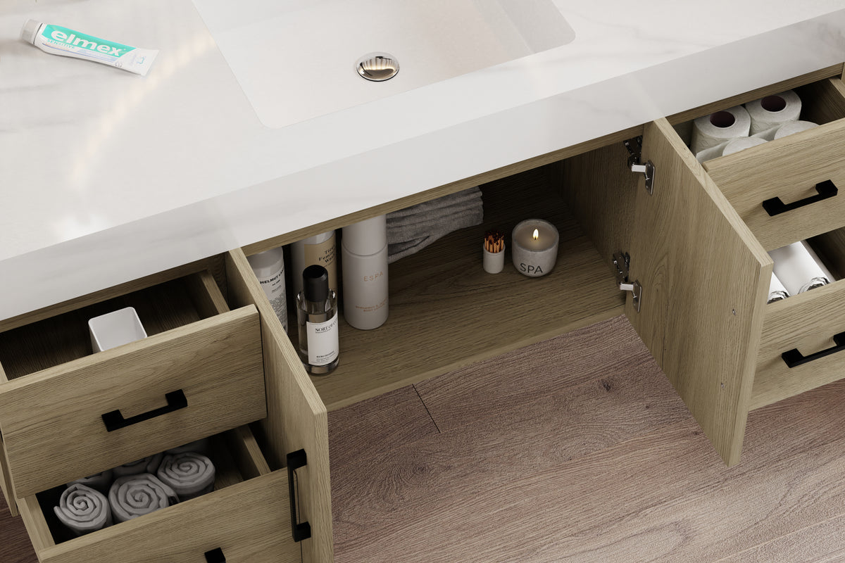 Interior view of a dark oak bathroom vanity with sintered stone top showcasing organized storage and accessories.