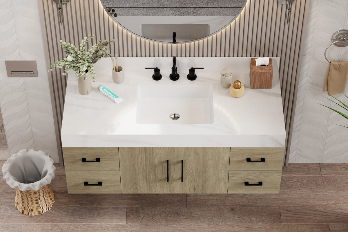 dark oak bathroom vanity with sintered stone top featuring modern fixtures and elegant design.