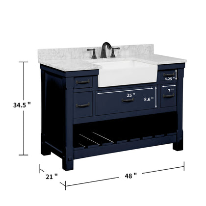 Farmington navy blue 48" Open Shelf Vanity Set with Premium Carrara Marble Top