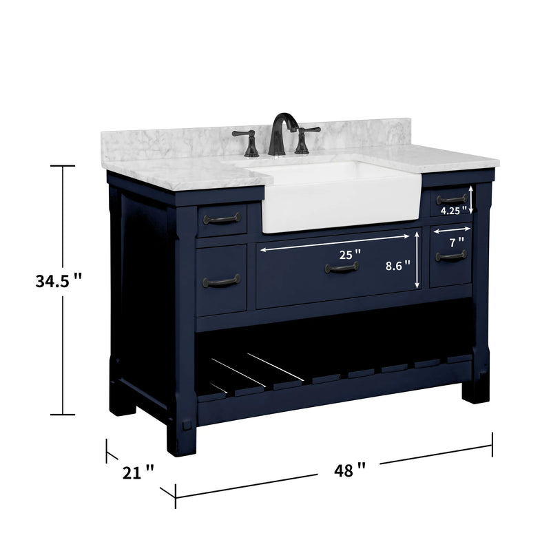 Farmington navy blue 48" Open Shelf Vanity Set with Premium Carrara Marble Top