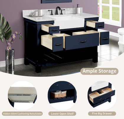 Farmington navy blue 48" Open Shelf Vanity Set with Premium Carrara Marble Top