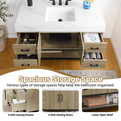 Utopia 48 inch vanity with sintered stone top showing spacious storage space and soft-closing drawers.