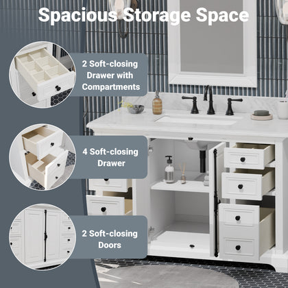 Image showing spacious storage space in Icon 48 inch vanity with Carrara marble top, featuring drawers and soft-closing doors.