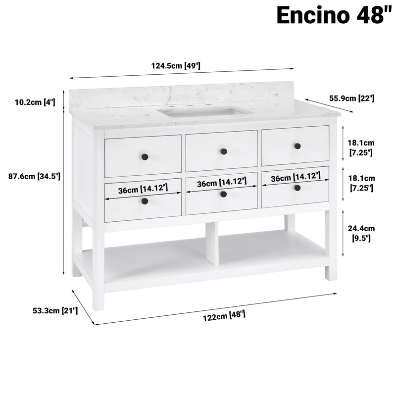Encino 48" Single Vanity With Carrara White Quartz Stone Top