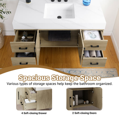 Dark oak bathroom vanity with sintered stone top featuring spacious storage space and soft-closing drawers and doors.