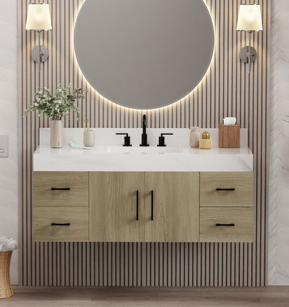 dark oak bathroom vanity with sintered stone top in modern bathroom design featuring round mirror and stylish lighting