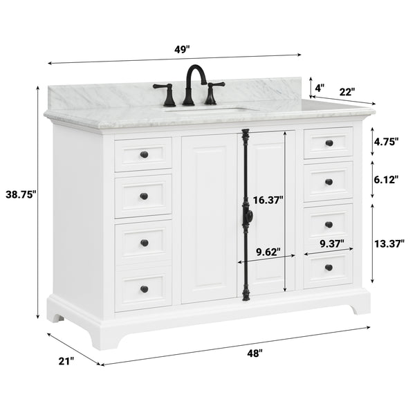 Icon 48" Single Vanity in White with Carrara Marble Top