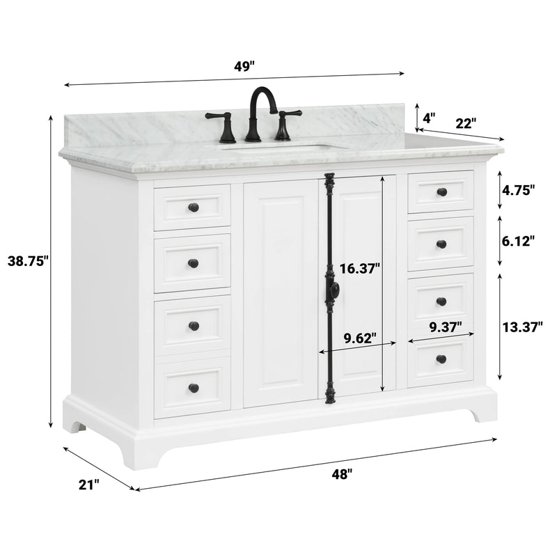 Icon 48" Single Vanity in White with Carrara Marble Top