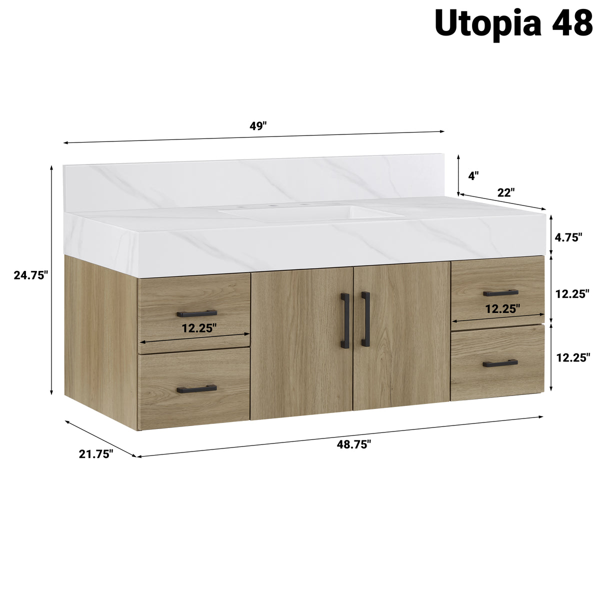 Utopia 48" bathroom vanity in dark oak with sintered stone top, dimensions 49" x 22" x 24.75".