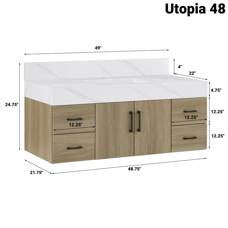 Utopia 48" Floating Bathroom Vanity with Calacatta Sintered Stone Top