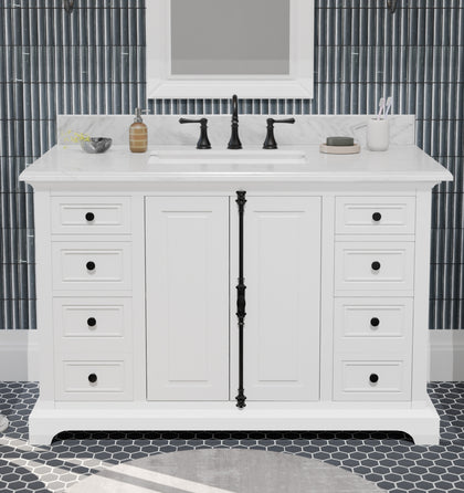 48 inch vanity with Carrara marble top in white, featuring multiple drawers and a stylish modern design.