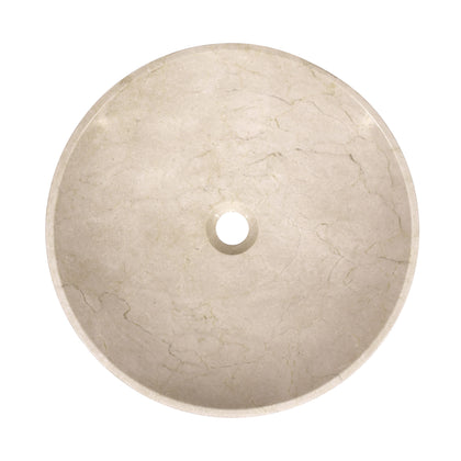 Unique bathroom sink featuring a round beige marble vessel design with a polished creamy surface and center drain hole.