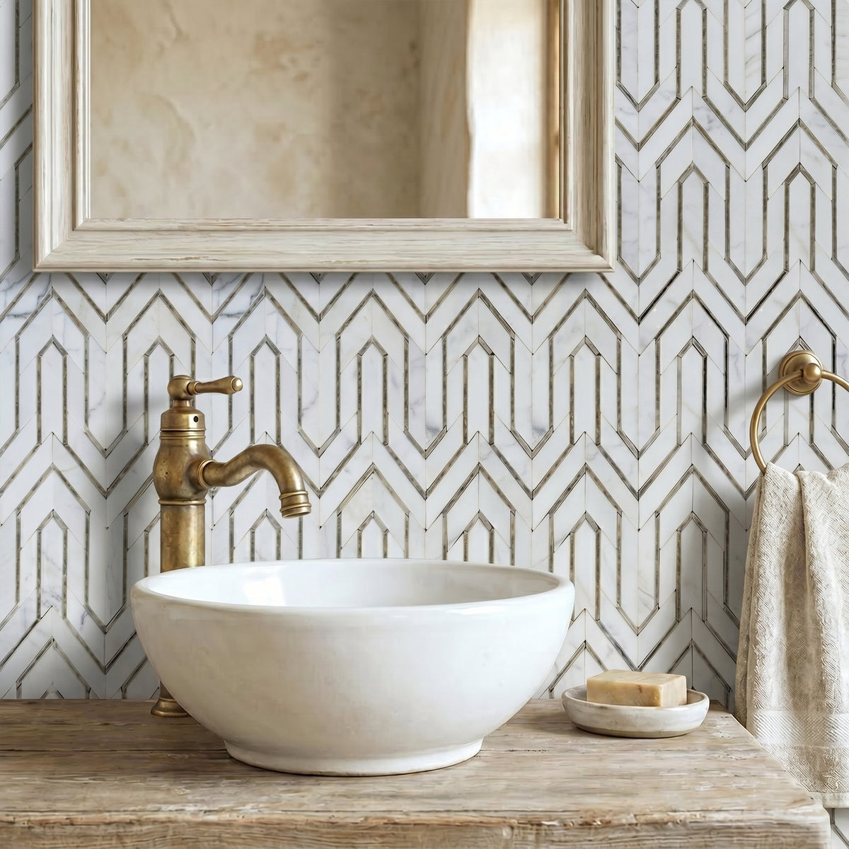 Arrows-Carrara White with Antique Mirror Accents 12-in x 9-in Polished Waterjet Mosaic Floor and Wall Tile( 3.55 sq. ft. /Box )