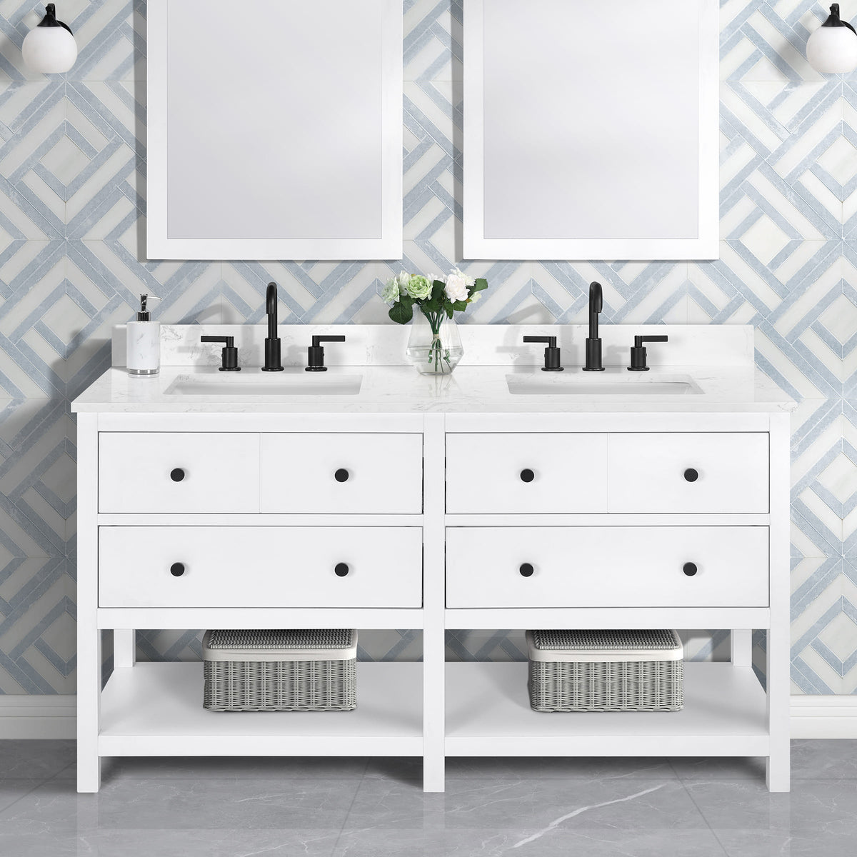 Encino 60" Double Vanity With Carrara white Quartz Stone Top