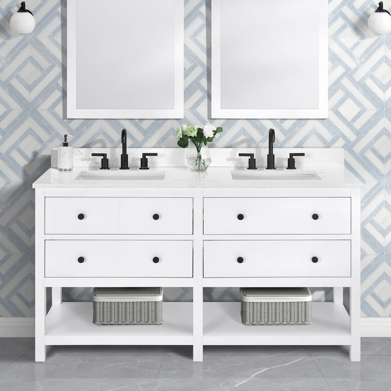 Encino 60" Double Vanity With Carrara white Quartz Stone Top
