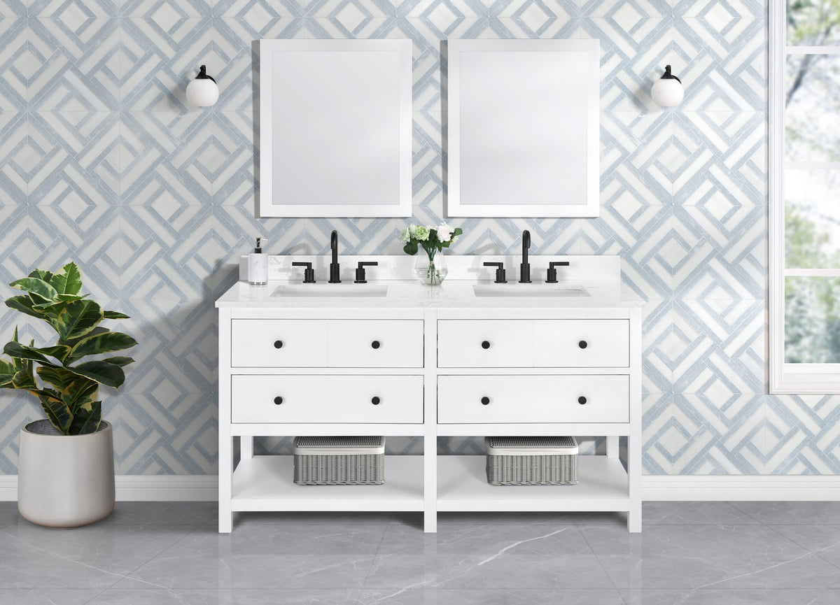 Encino 60" Double Vanity With Carrara white Quartz Stone Top