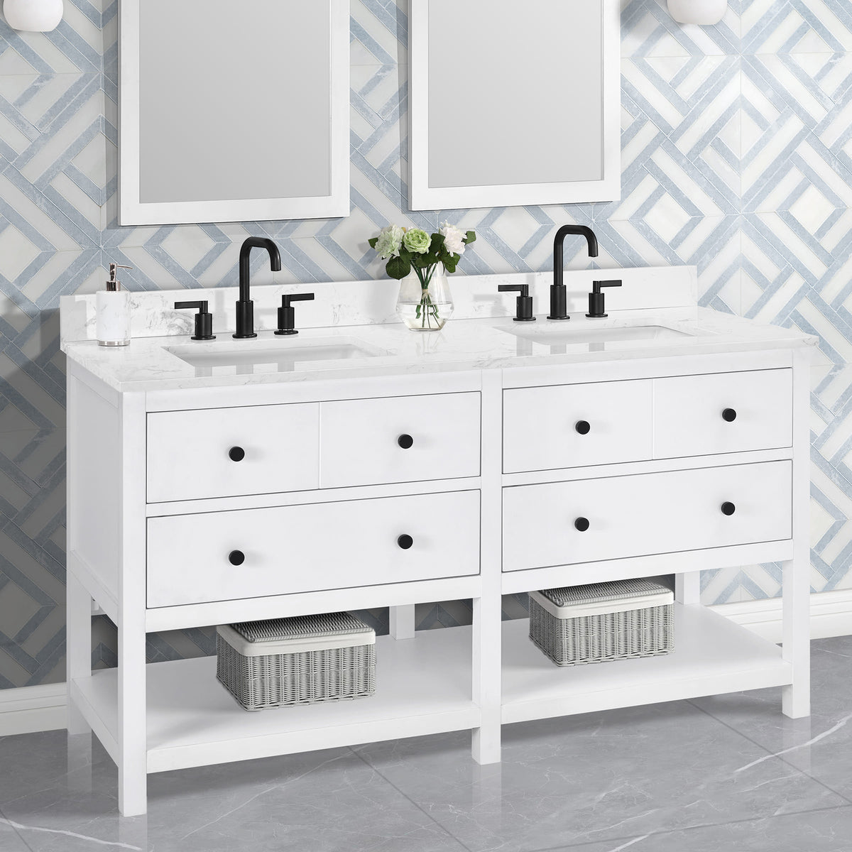 Encino 60" Double Vanity With Carrara white Quartz Stone Top